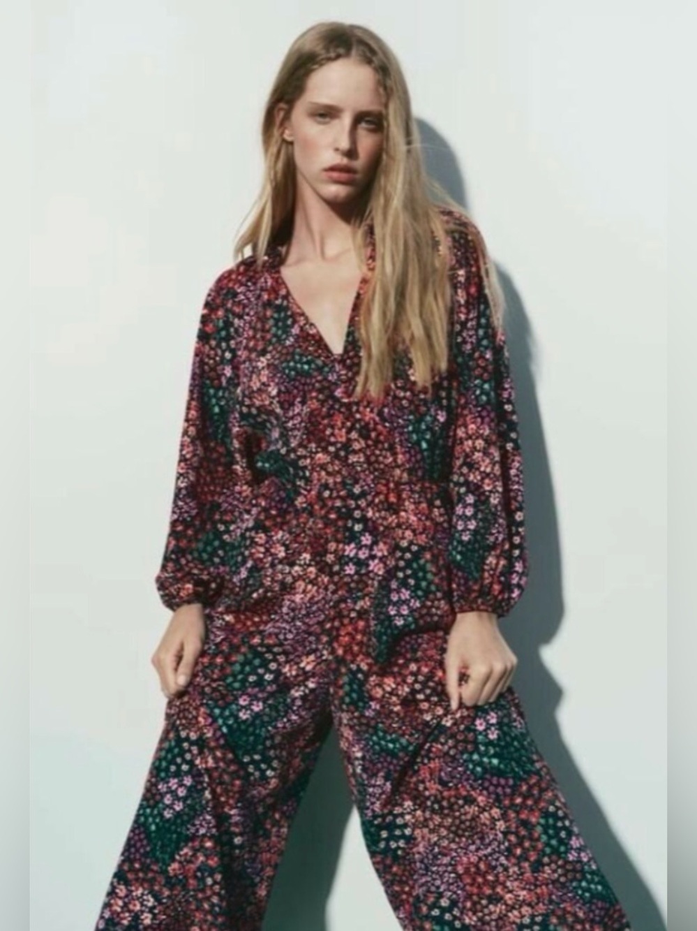 Zara Multicolor Floral Boho Long Puff Sleeve Jumpsuit XS